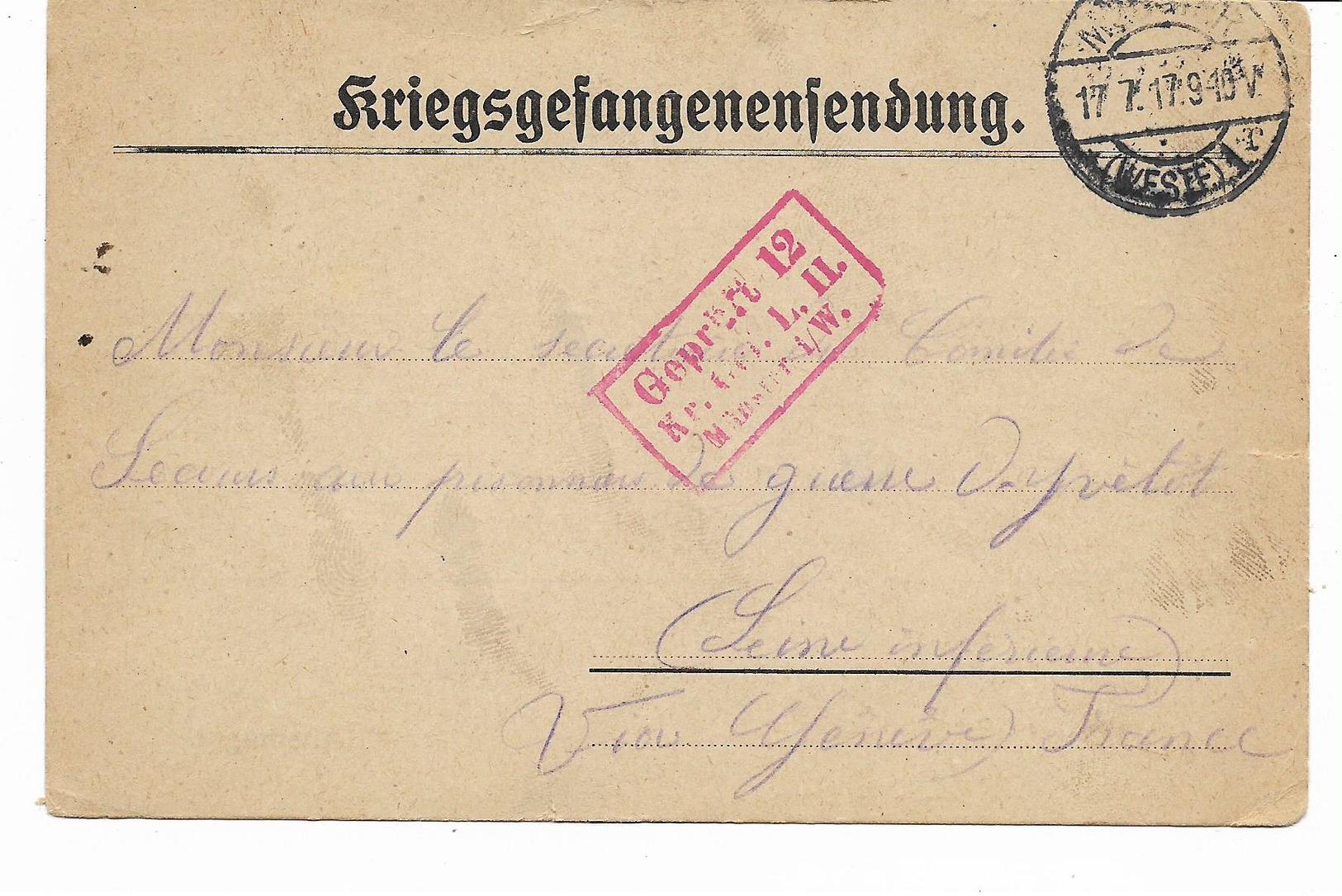 Courrier En 1917  -prisonnier Français Au Camp De MÜNSTER   Avec Censure Vers YVETOT -comité De Secours Prisonniers De G - 1914-18