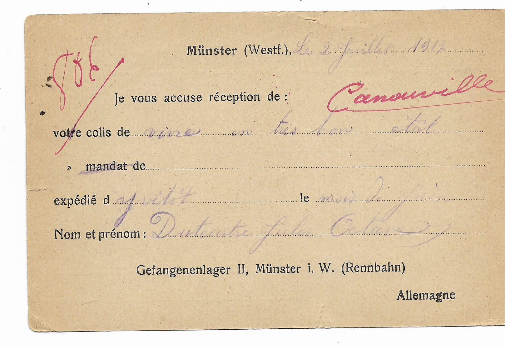 Courrier En 1917  -prisonnier Français Au Camp De MÜNSTER   Avec Censure Vers YVETOT -comité De Secours Prisonniers De G - 1914-18