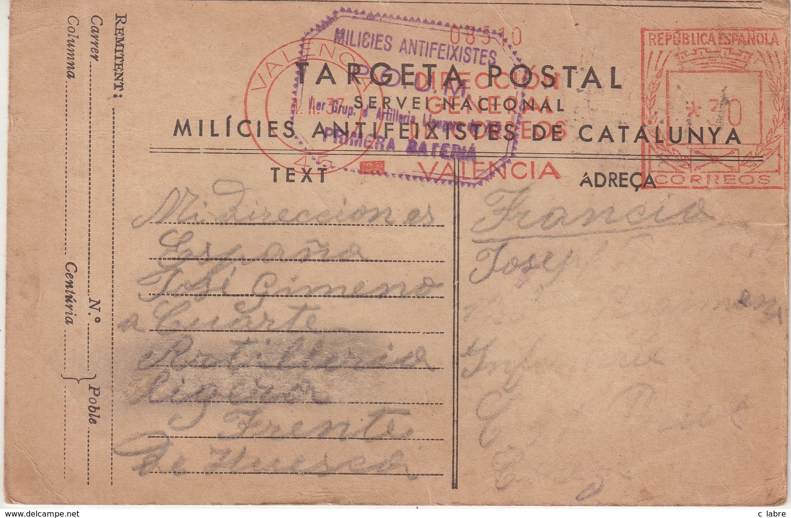 ESPAGNE : GUERRE . CP . DES MILICES ANTIFACHISTES . DE CATALOGNE . POUM , 1ere BATTERIE , 1er GROUPE D'ARTILLERIE . 1937 - Covers & Documents