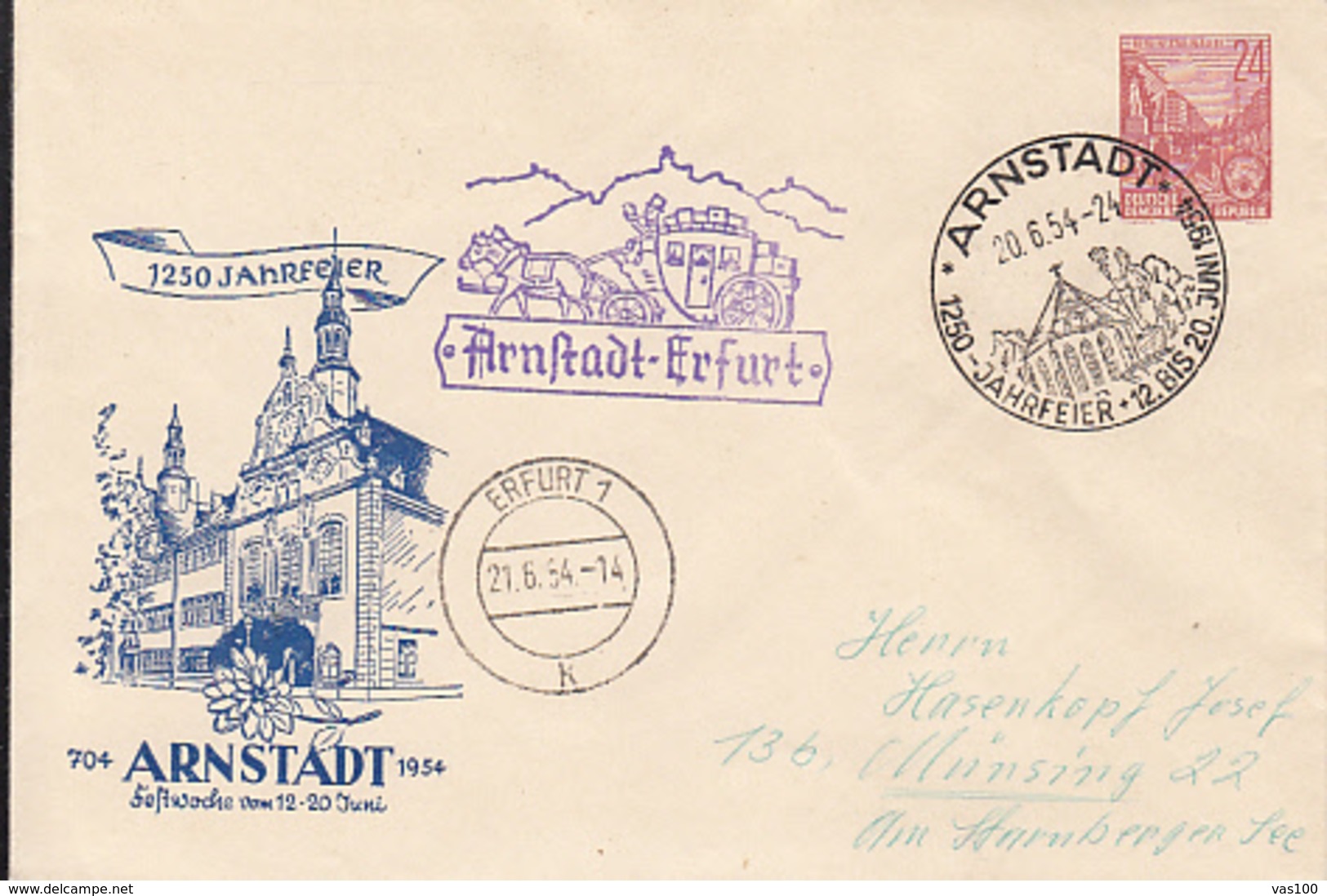 ARNSTADT TOWN ANNIVERSARY, 5 YEAR PLANS, COVER STATIONERY, ENTIER POSTAL, 1954, GERMANY - Covers - Used