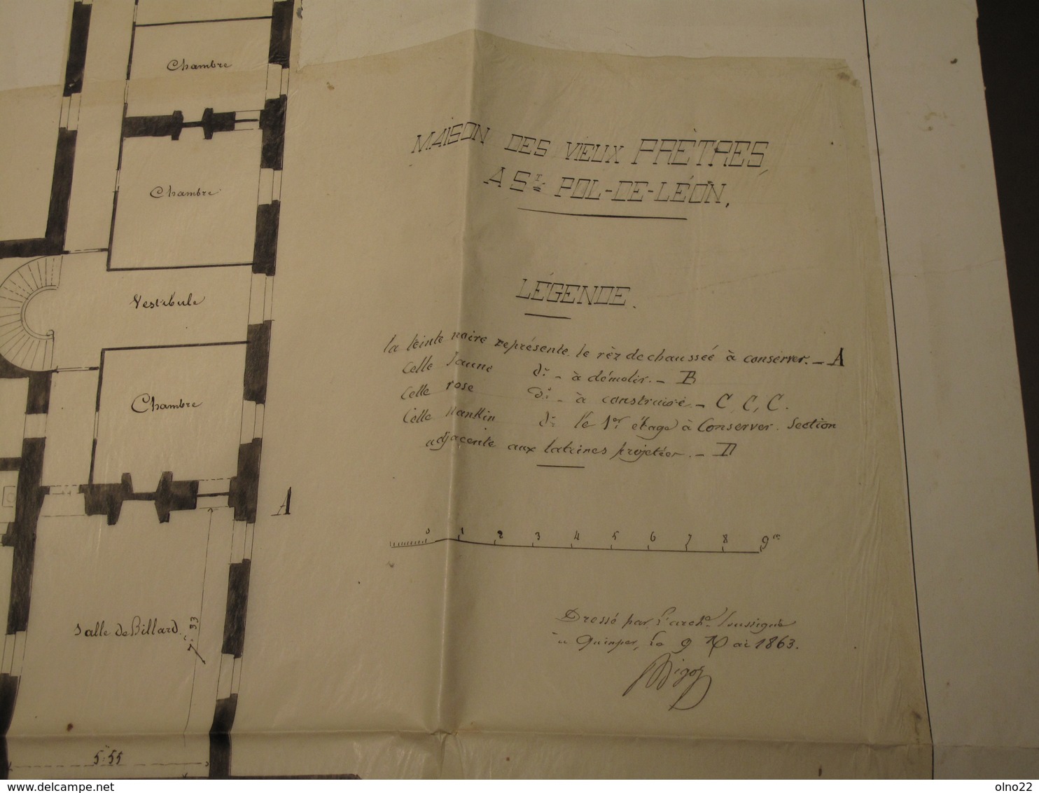 SAINT POL DE LEON - PLAN DE LA MAISON DES VIEUX PRETRES - Dressé En 1863 Par Archi De Quimper Bigoz Voir Scan - Architektur