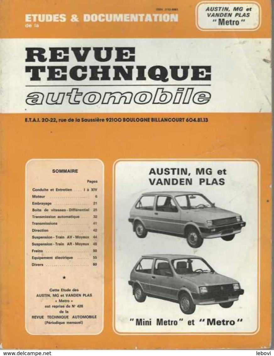 « Revue Technique Automobile – AUSTIN, MG Et VANDEN PLAS «Mini METRO Et METRO » - Voitures