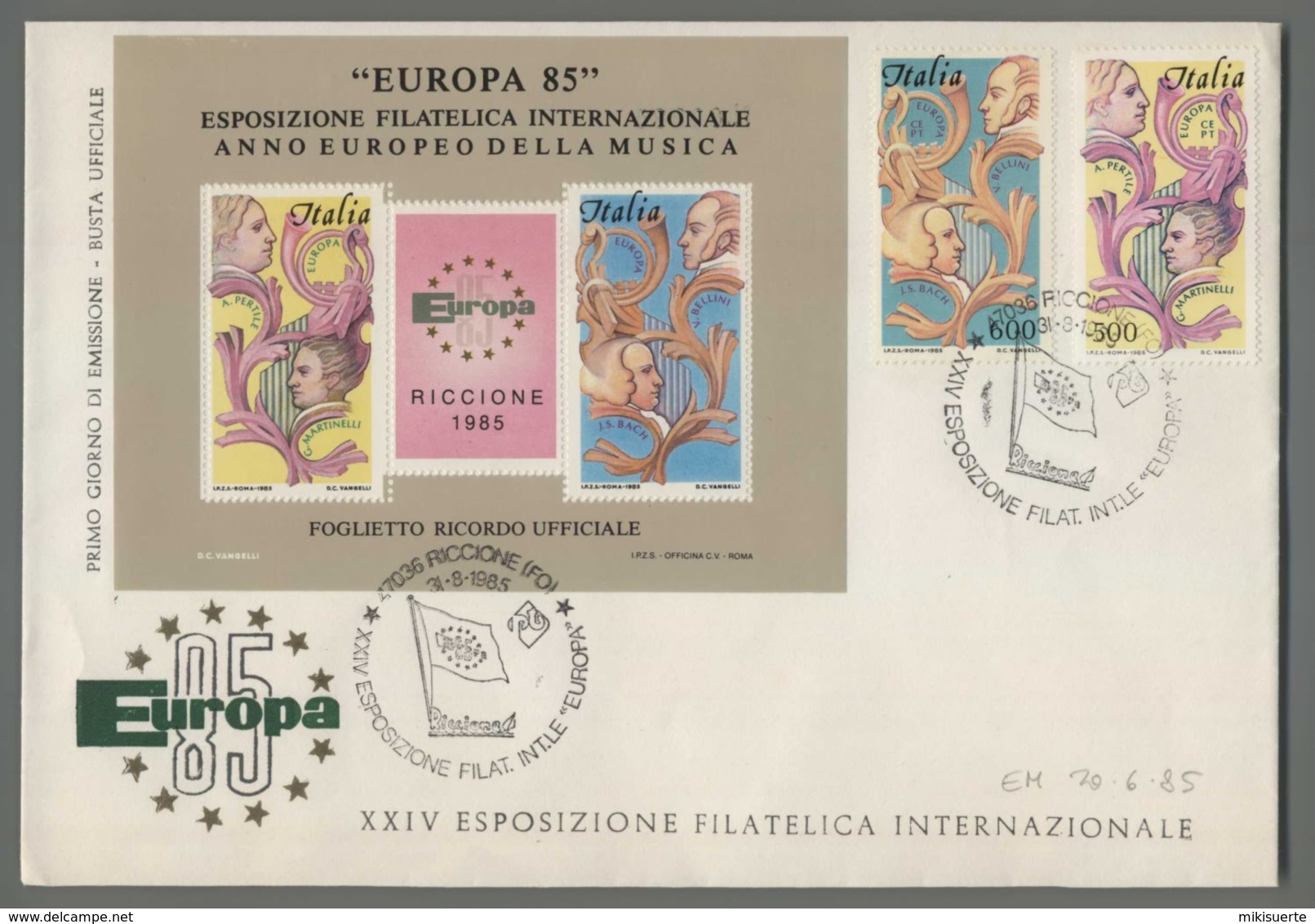 C4876 Annullo 1985 EUROPA 85 ESPOSIZIONE FILATELICA INTERNAZIONALE RICCIONE CEE FOGLIETTO ERINOFILIA BUSTA GRANDE - 1981-90: Storia Postale