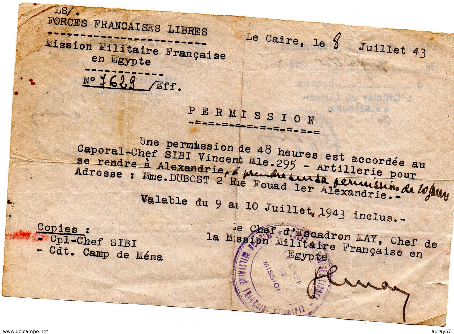 FORCE FRANÇAISES LIBRES PERMISSION 1943  EGYPTE -LE CAIRE - 1939-45