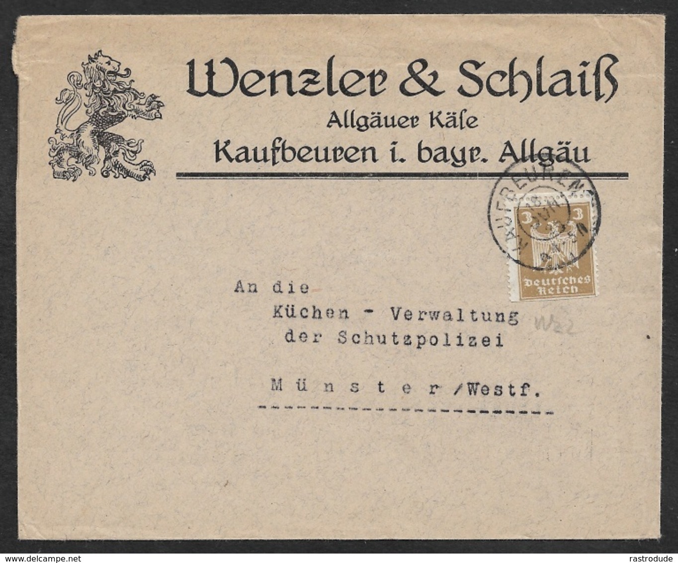 1926 Dt.Reich - EF 3Pf Mi. 355 - ILLUSTRIERTER WERBEUMSCHLAG - WENZLER & SCHLAISS ALLGÄUER KÄSE - Briefe U. Dokumente