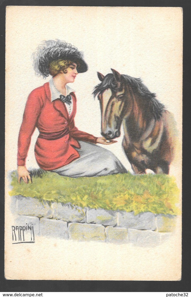 Cpa...illustrateur Italien...Rappini...art Nouveau...jeune Femme élégante Avec Son Cheval - Andere & Zonder Classificatie