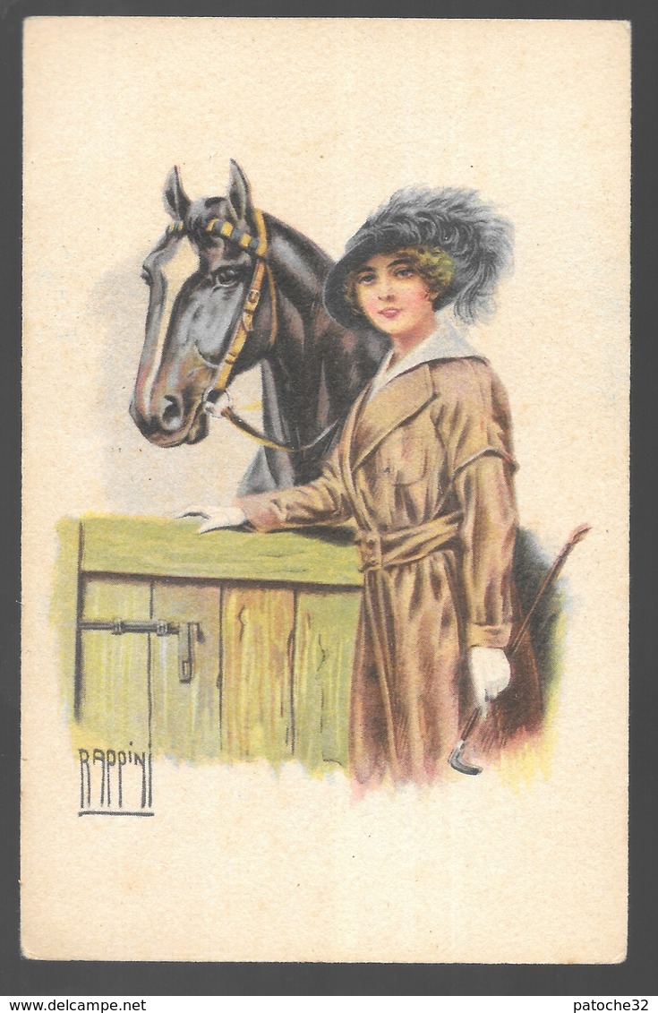 Cpa...illustrateur Italien...Rappini...art Nouveau...jeune Femme élégante Avec Son Cheval Au Box .... - Autres & Non Classés