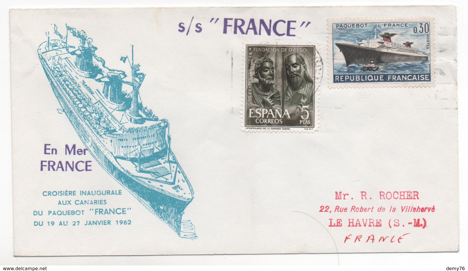 Paquebot FRANCE Croisiére Aux Canaries 1962 - Covers & Documents