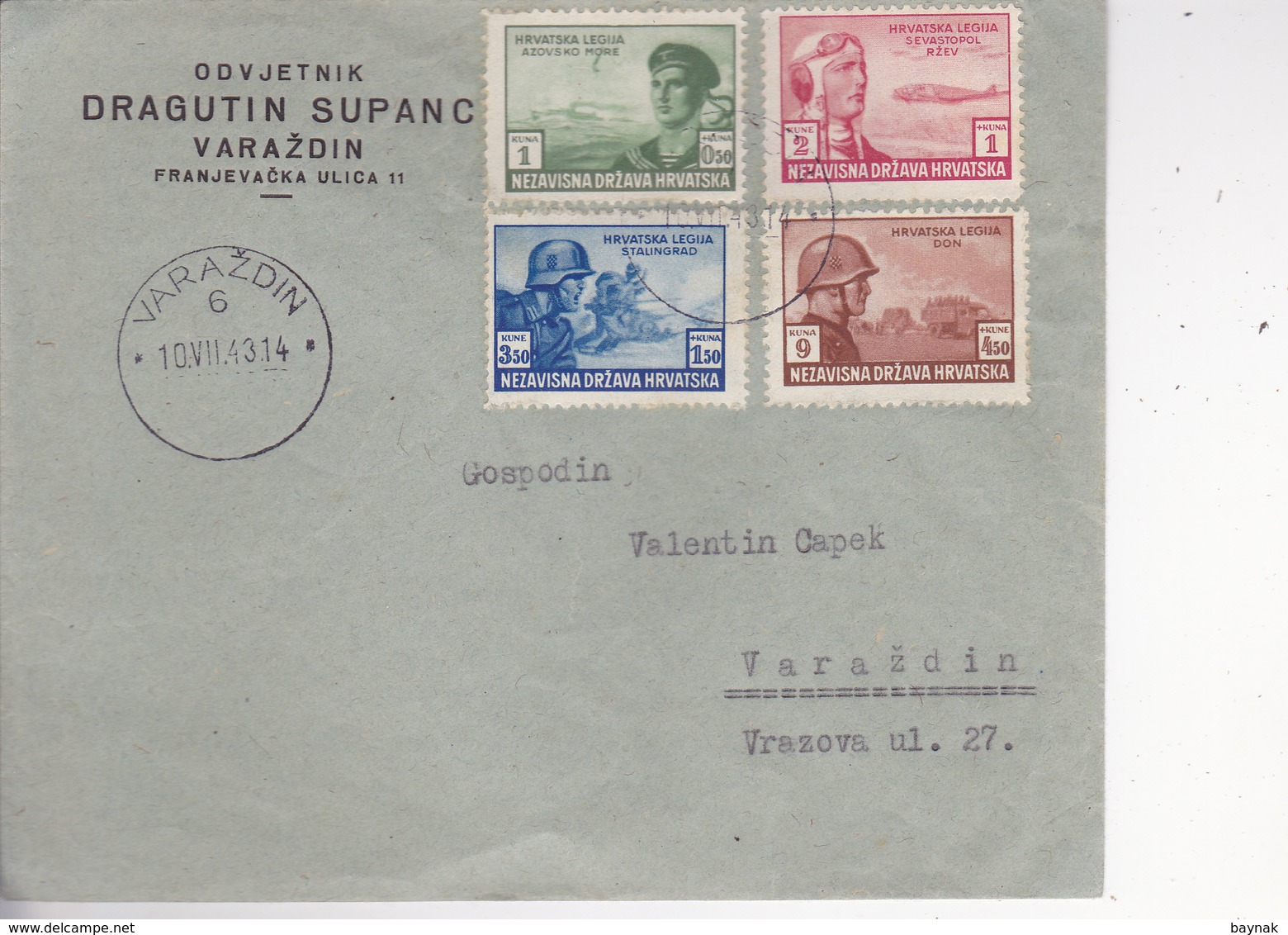 CROATIA  -  NDH  --   BRIEF  --  1943  --  VARAZDIN  LOCO  --  ODVJETNIK DRAGUTIN SUPANC - Kroatien