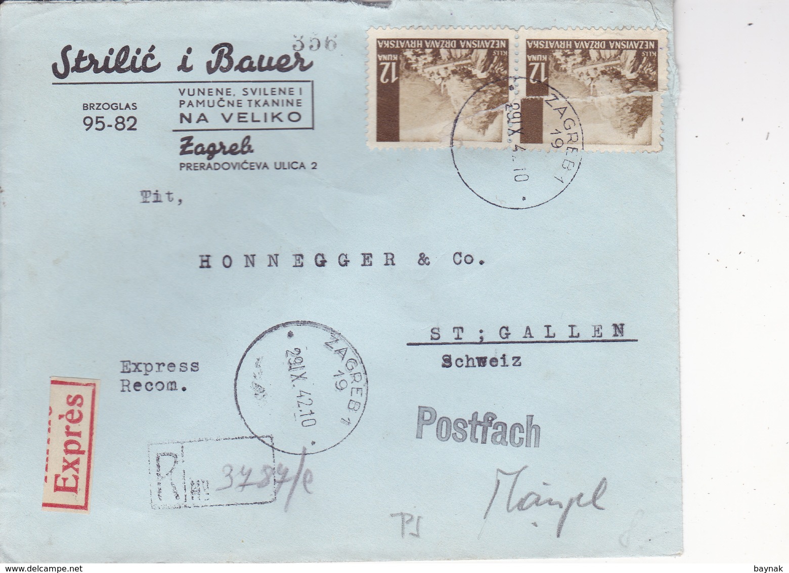 CROATIA  -  NDH  --  RECO  BRIEF + EXPRES + ZENSUR 356   --   1942  --  STRILIC I BAUER, ZAGREB Nach ST. GALLEN, SCHWEIZ - Kroatien