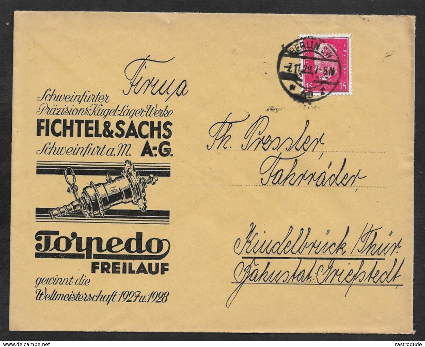 1929 Dt.Reich - EF 15Pf Mi. 414 - ILLUSTRIERTER WERBEUMSCHLAG - FICHTEL U. SACHS KUGELLAGER WERKE - Briefe U. Dokumente