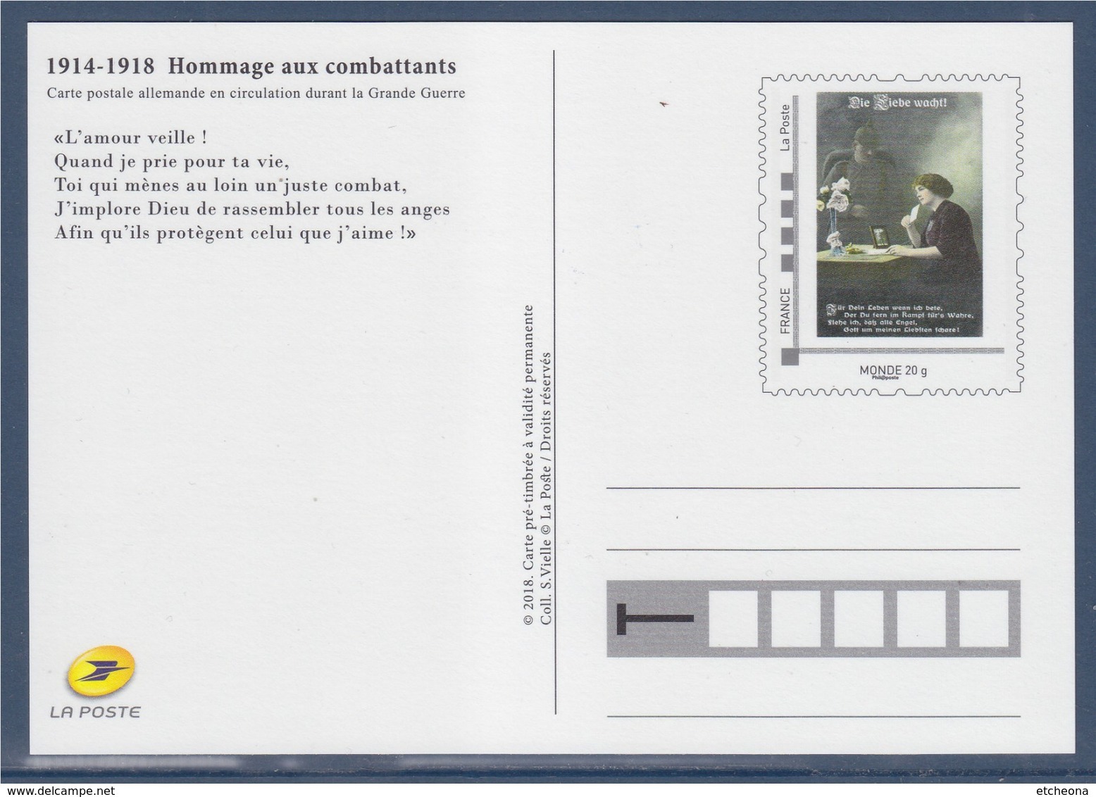 = Type MonTimbraMoi Monde 20g Entier CP Reproduction Carte Durant La Grande Guerre Hommages Aux Combattants Phil@poste - PAP: Sonstige (1995-...)