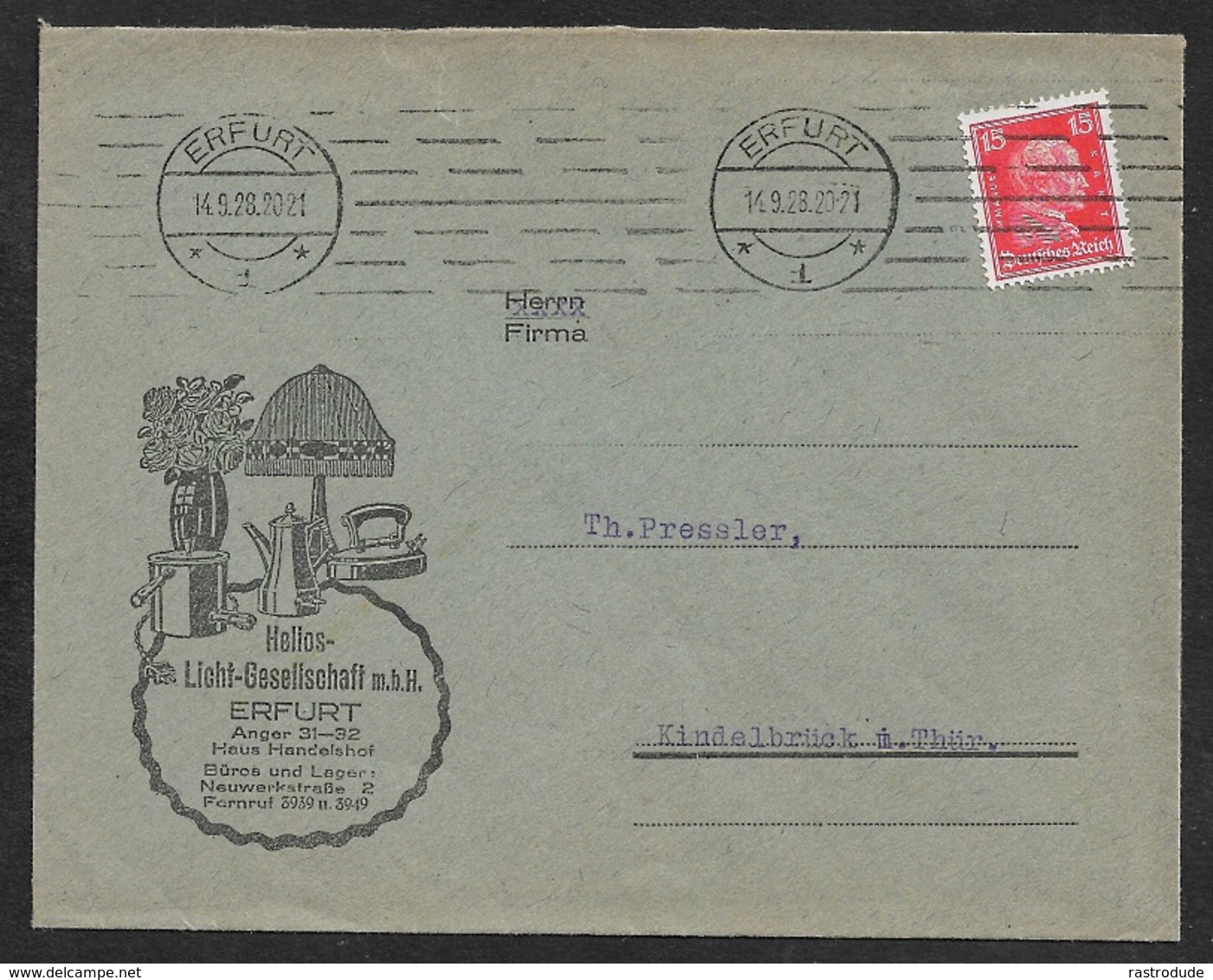 1928 Dt.Reich - EF 15Pf Mi. 391 - ILLUSTRIERTER WERBEUMSCHLAG - HELIOS LICHT GESELLSCHAFT - ELEKTRISCHE APPARATE - Briefe U. Dokumente