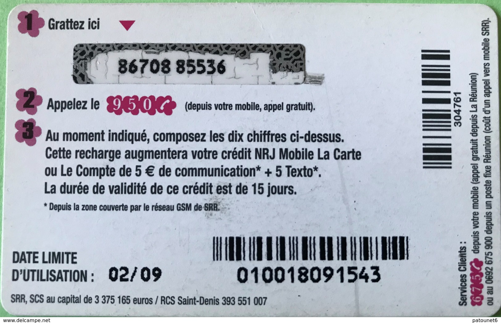 REUNION  -  Recharge NRJ Mobile - SFR -  5 Euros - Réunion