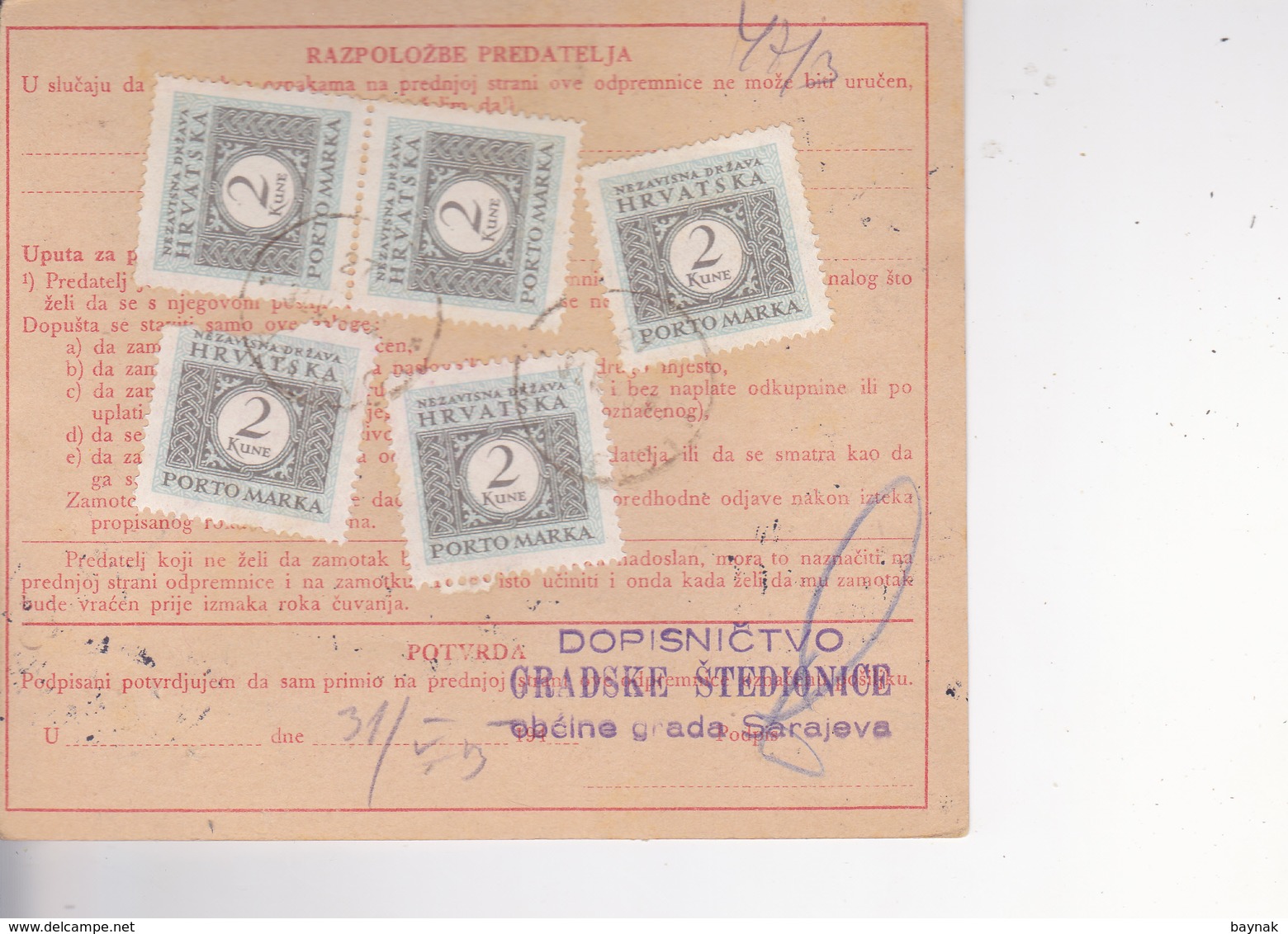 CROATIA --  NDH   -  PARCEL CARD  --  WITH TAX  STAMPS -- ZAGREB Nach SARAJEVO  --  1943  /  FIRMA ,, TUNGSRAM ,, ZAGREB - Kroatien