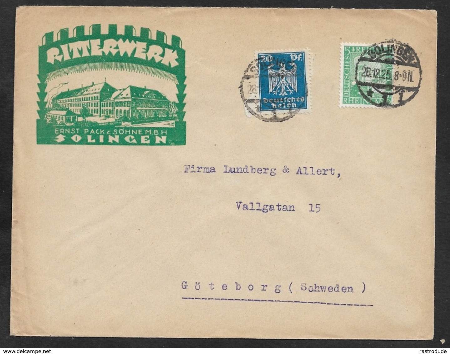 1925 Dt.Reich - MiF  Mi. 358, 372 - ILLUSTRIERTER WERBEUMSCHLAG N. SCHWEDEN - PORTOGERECHT - RITTERWERK SOLINGEN - Briefe U. Dokumente
