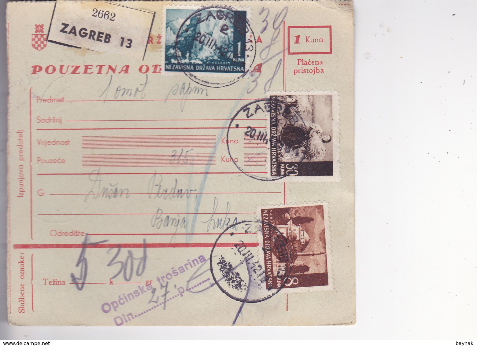 CROATIA --  NDH   --  PARCEL CARD  --  WITH TAX  STAMPS --   ZAGREB Nach BANJA LUKA, BOSNIEN  --  1942 - Kroatien