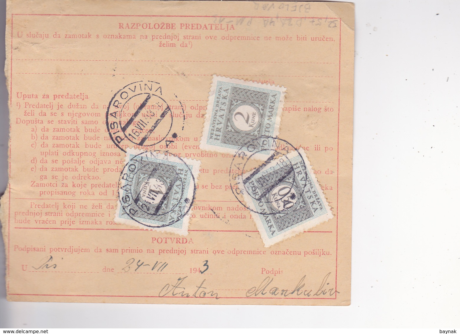 CROATIA --  NDH   --  PARCEL CARD  --  WITH TAX  STAMPS --   BJELOVAR Nach  DESNO SREDICKO, LASINJA, PISAROVINA --  1943 - Kroatien