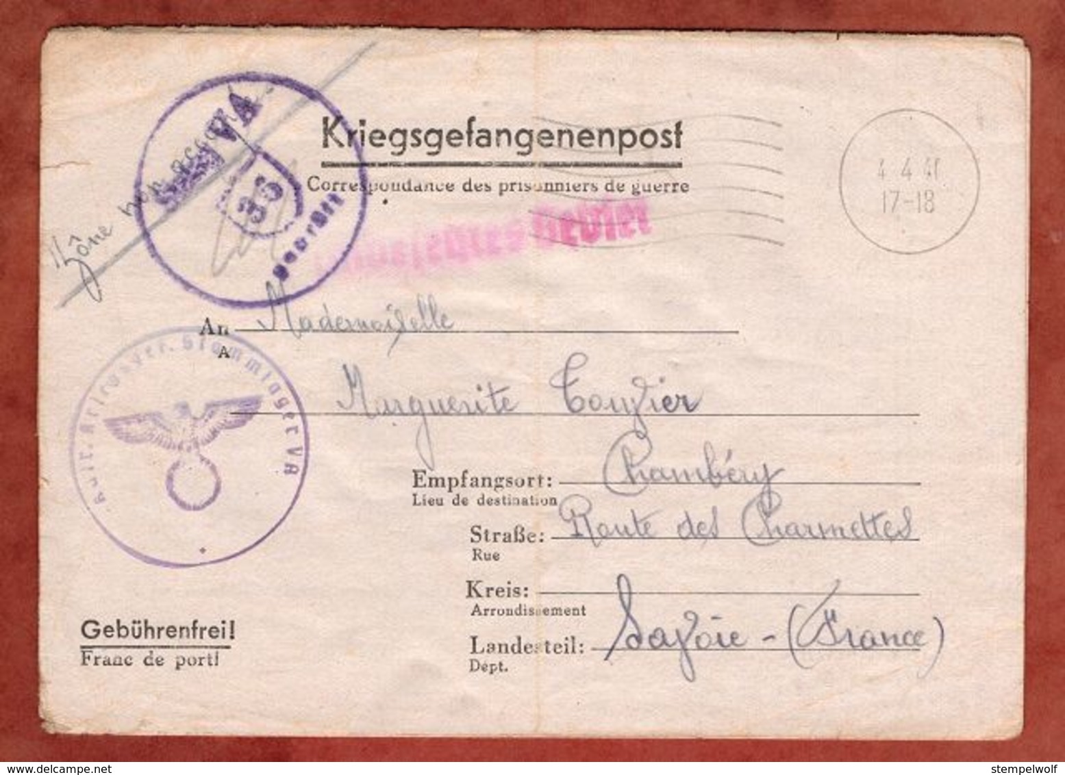 Kriegsgefangenenpost, Faltbrief, Stalag VA, Nach Chambery 1941 (89210) - Briefe U. Dokumente