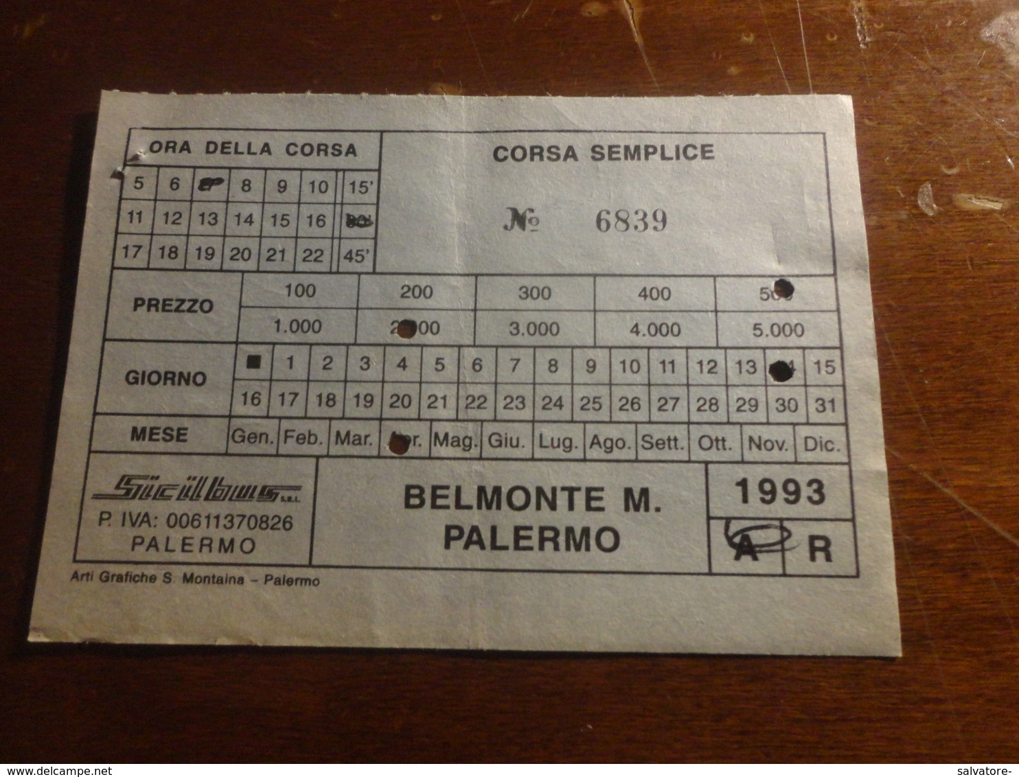 BIGLIETTO AUTOBUS SICILBUS TRATTA BELMONTE MEZZAGNO-PALERMO-1993 - Europa