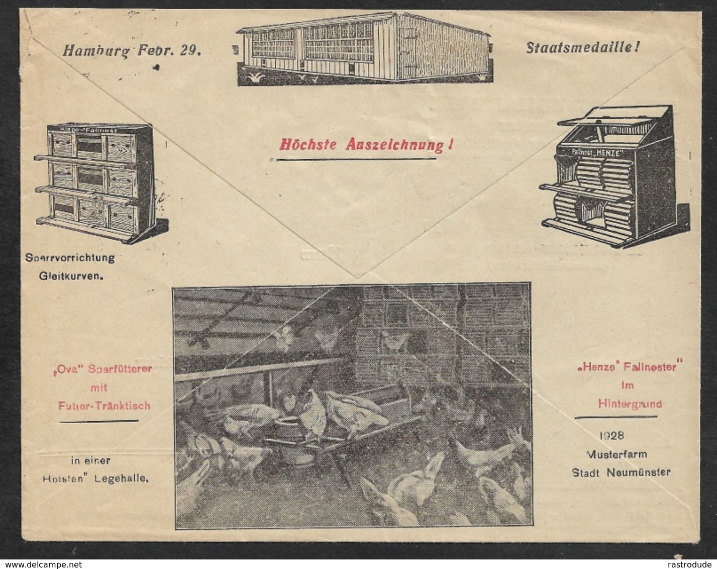 1930 Dt.Reich - EF 15Pf Mi. 445 - ILLUSTRIERTER WERBEUMSCHLAG - GEFLÜGELHÄUSER EIERKISTEN HUHN TROCKENFUTTER AUTOMATEN - Briefe U. Dokumente