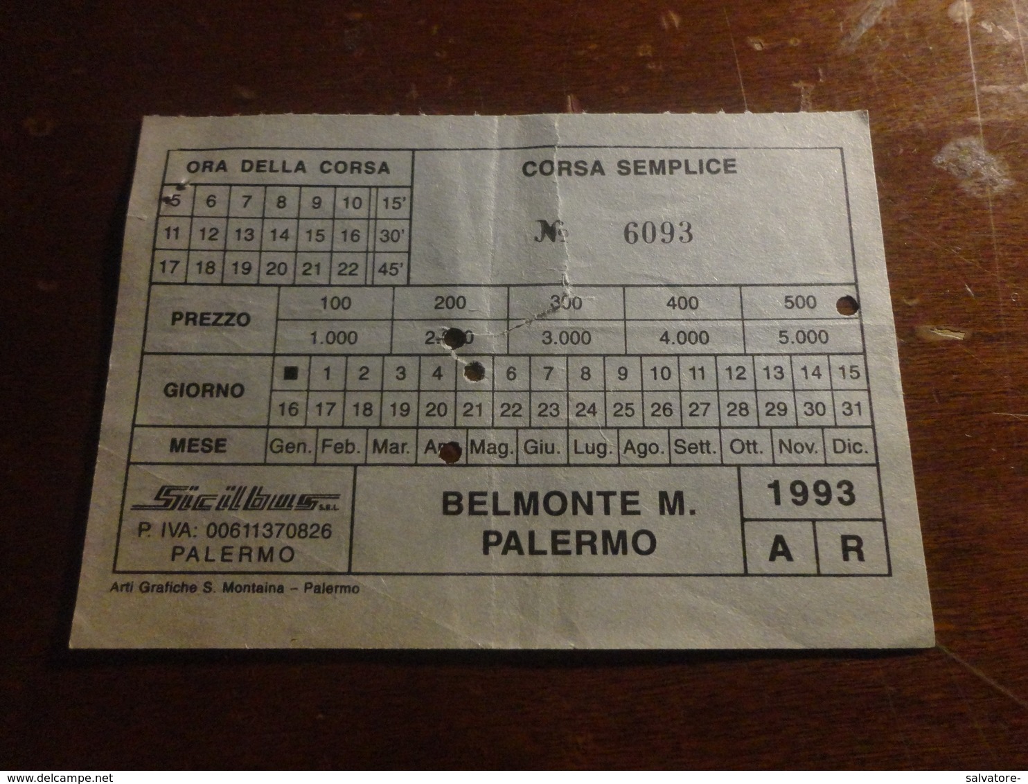 BIGLIETTO AUTOBUS SICILBUS TRATTA BELMONTE MEZZAGNO-PALERMO-1993 - Europe