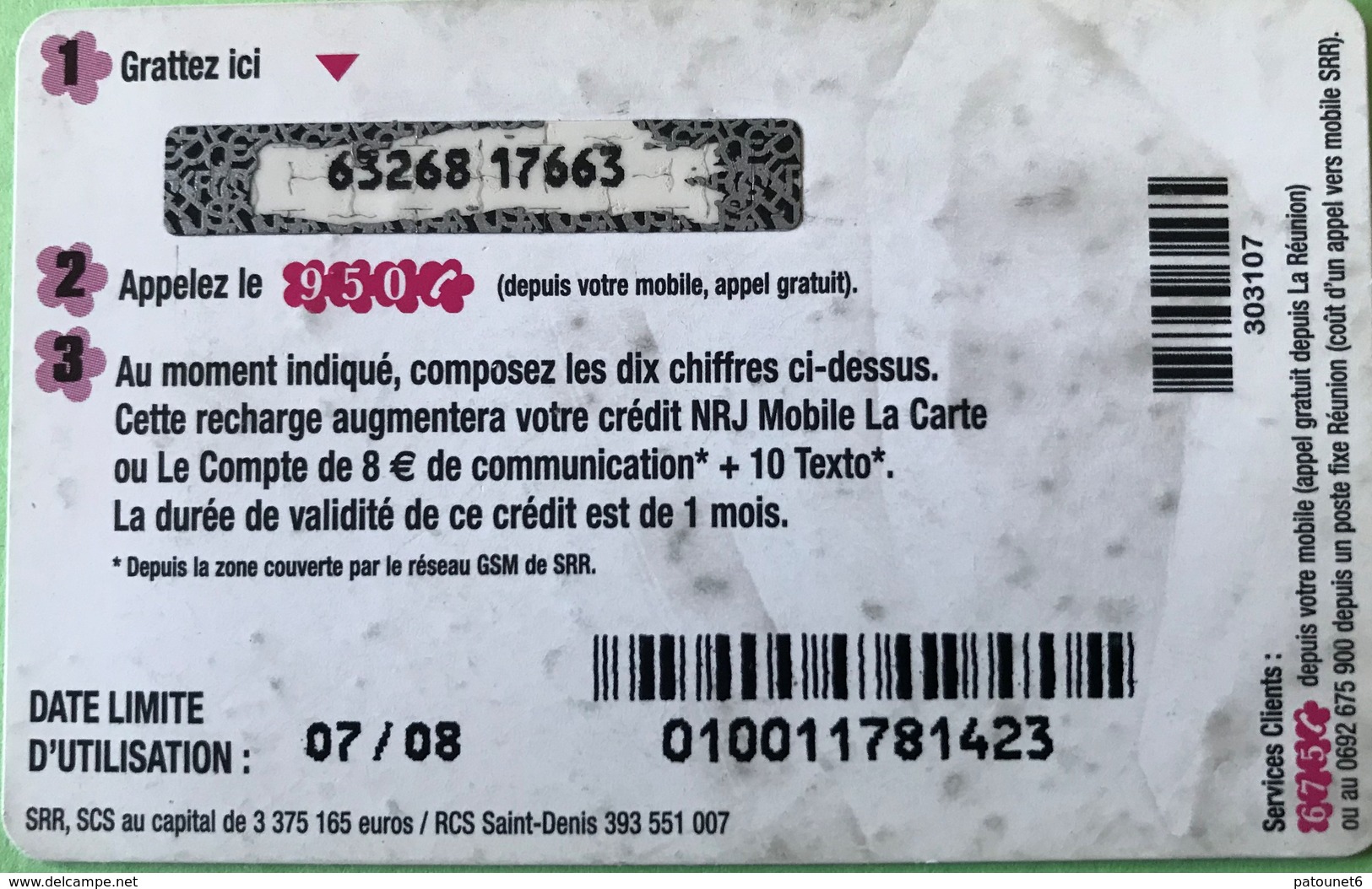 REUNION - Recharge NRJ Mobile - SFR - 8 Euros - Reunion