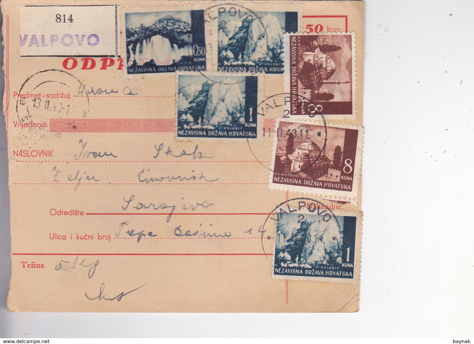 CROATIA --  NDH   --  PARCEL CARD  --  VALPOVO Nach SARAJEVO, BOSNIEN --  1943 - Kroatien