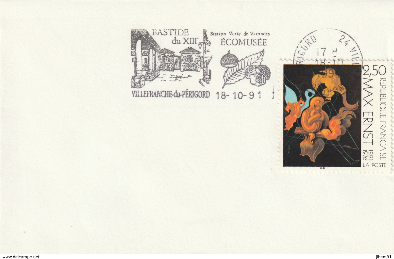 Env. De "Villefranche Du Périgord - 24, Dordogne" Du 18-10-1991 "Bastide, écomusée" Sur YT 2727 (champignons) - Maschinenstempel (Werbestempel)