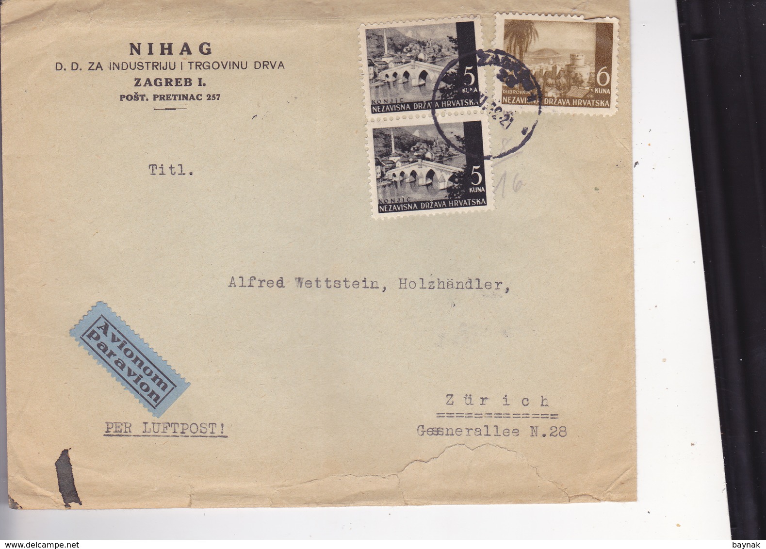 CROATIA --  NDH   --   BRIEF  --  1942  --  PER LUFTPOST  --  ,, NIHAG ,,  D. D.  ZAGREB Nach ZURICH, SCHWEIZ - Kroatien