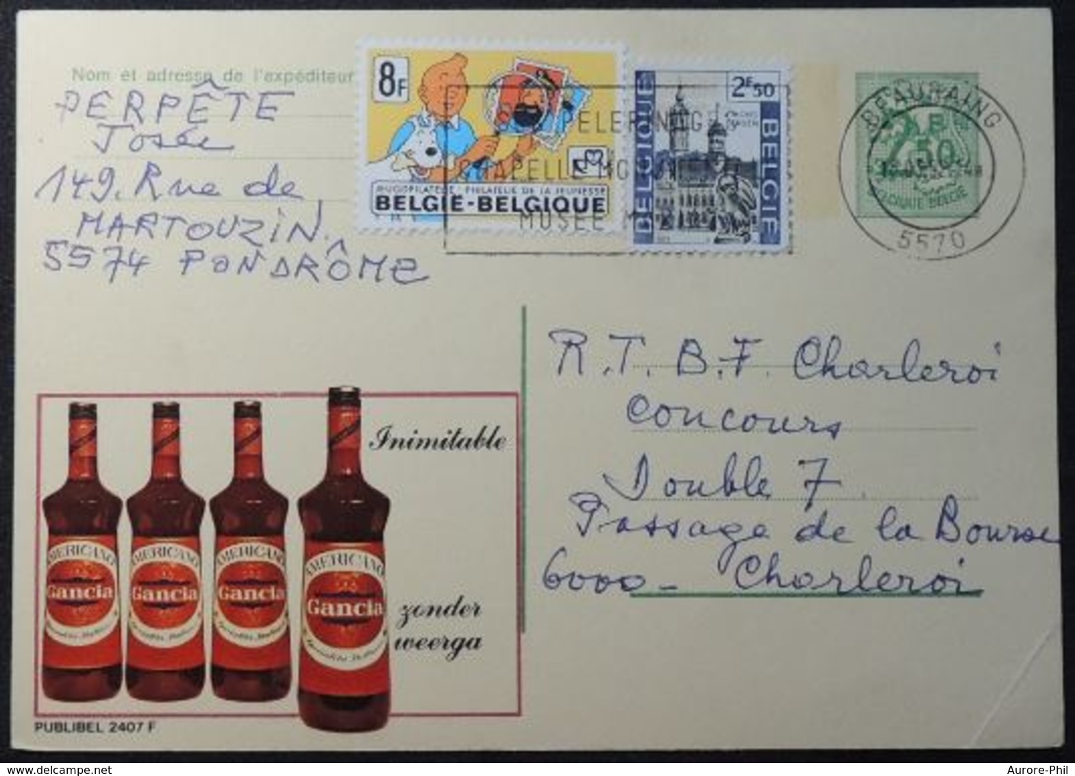 Entiers Postaux Publibel 2407F - Gancia, Apéritif, Alcool (Timbre Tintin) - Publibels