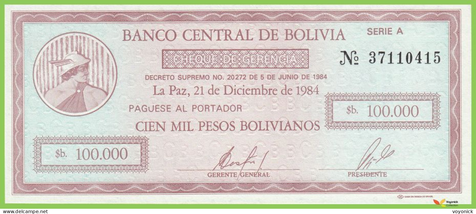 Voyo BOLIVIA 100.000 Pesos Bolivianos 1984 P188 A UNC Mercury - Bolivie