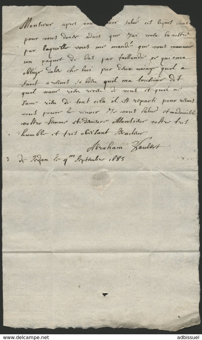 1685 ARDENNES Lettre Datée De Sedan Le 4/09/1685 Et Adressée à Reims. Avec La Taxe Manuscrite "2". - ....-1700: Precursori