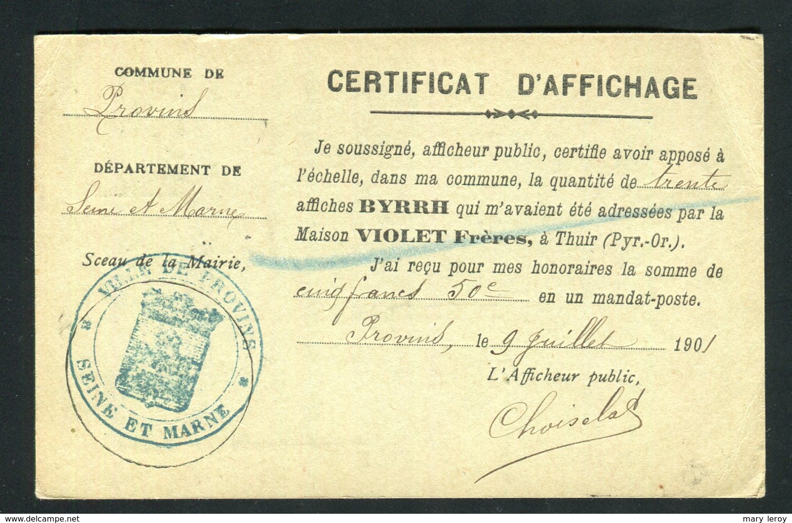 Rare Entier Postal BYRRH De Provins Pour Thuir ( 1901 ) - 1849-1876: Periodo Clásico