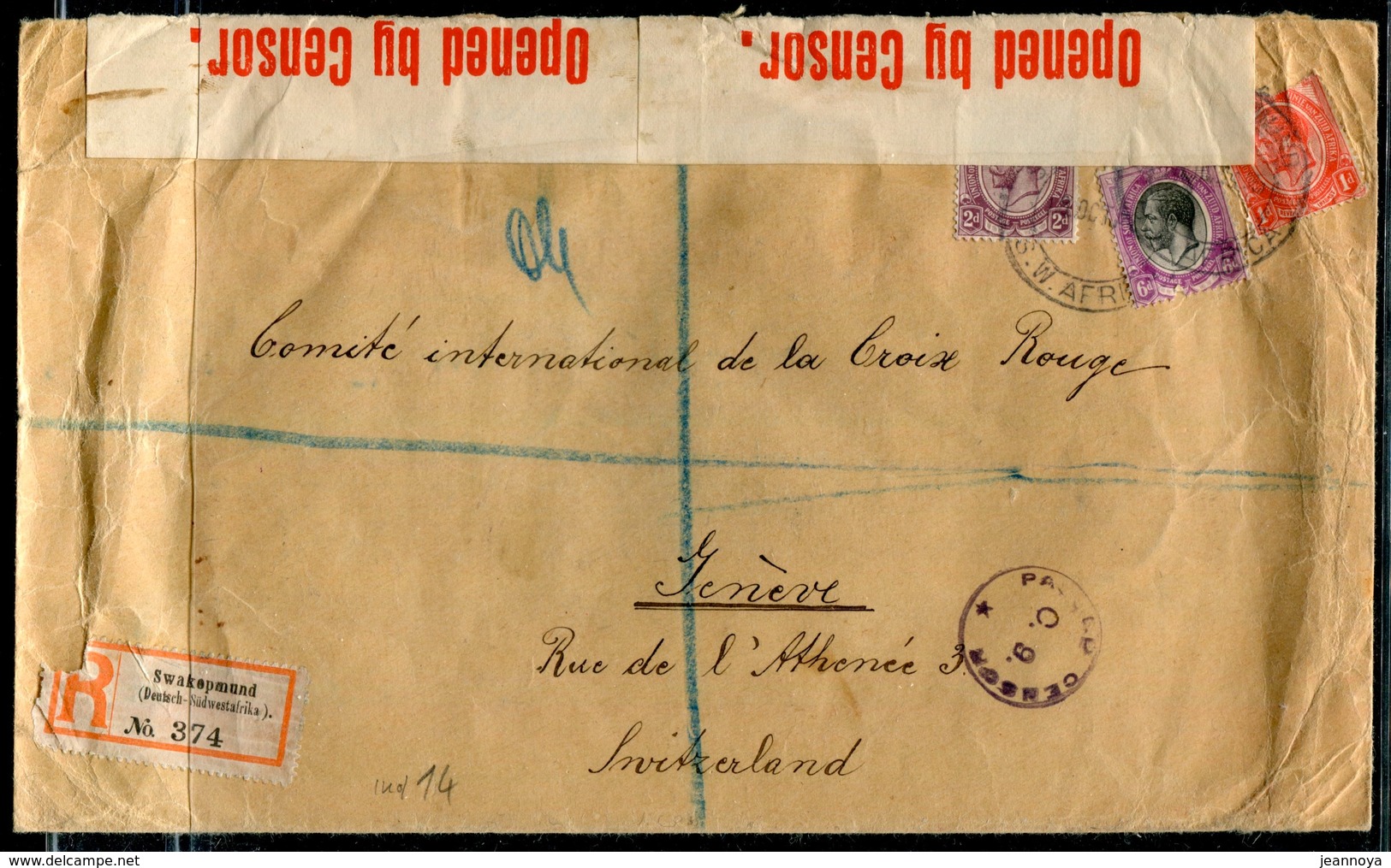 AFRIQUE DU SUD - N° 2A + 4 + 8 / LR , ETIQUETTE ALLEMANDE , DE SWAKOPMUND LE 18/10/1915 POUR GENEVE AVEC CENSURE - B - Africa (Other)