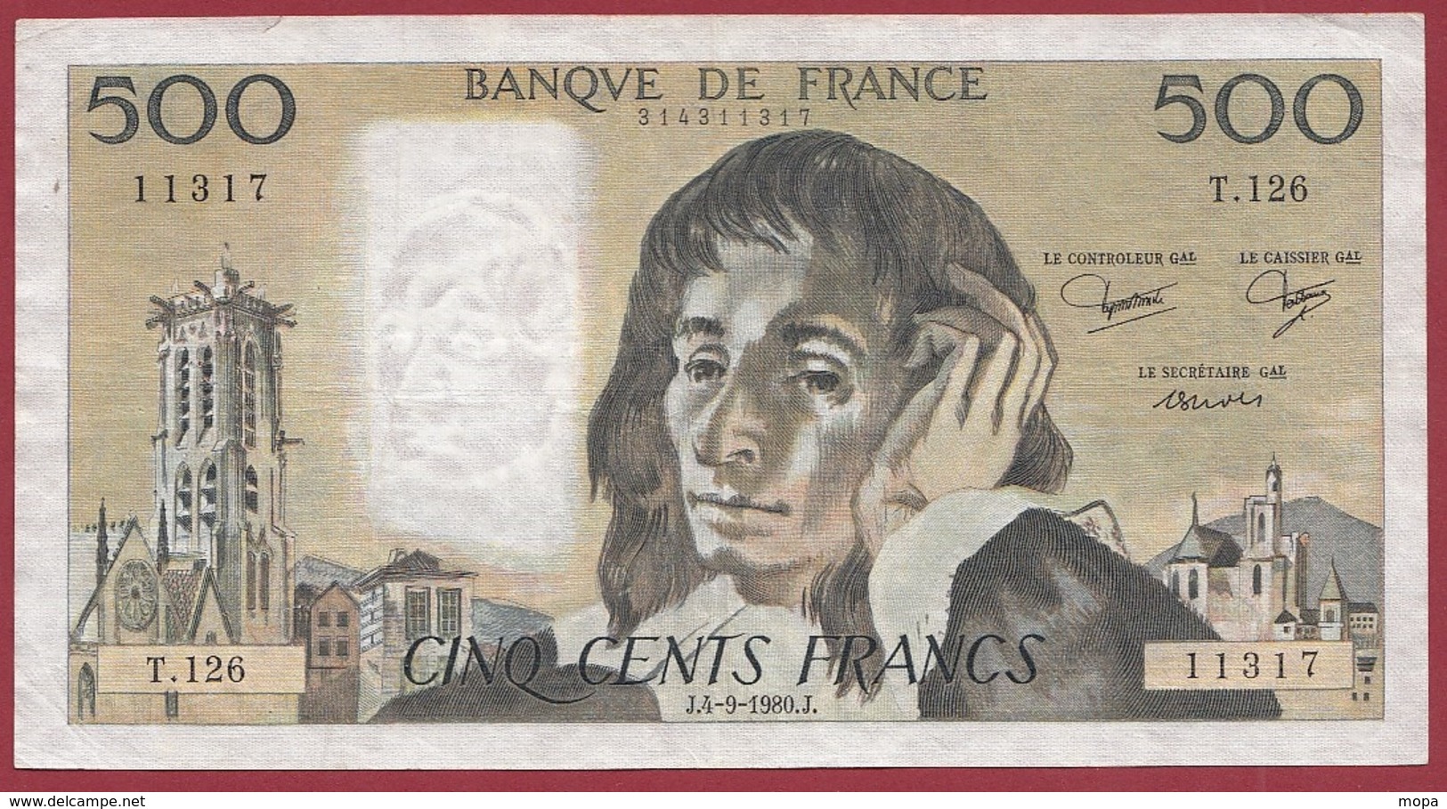 500 Francs "Pascal" Du 04/09/1980.J----F/TTB+---ALPH. T.126 - 500 F 1968-1993 ''Pascal''