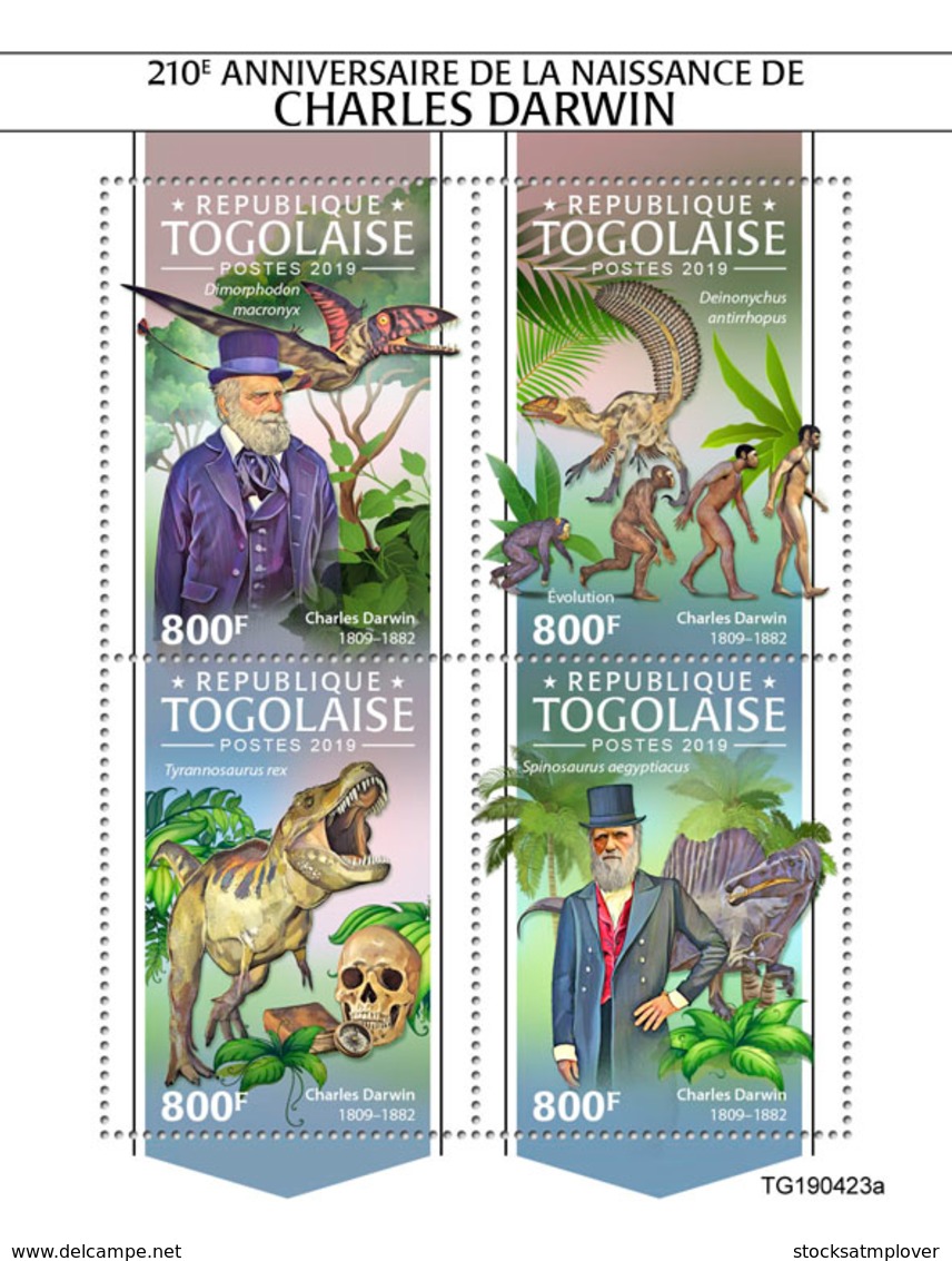 Togo 2019    Charles Darwin  ,dinosaurs   S201911 - Togo (1960-...)