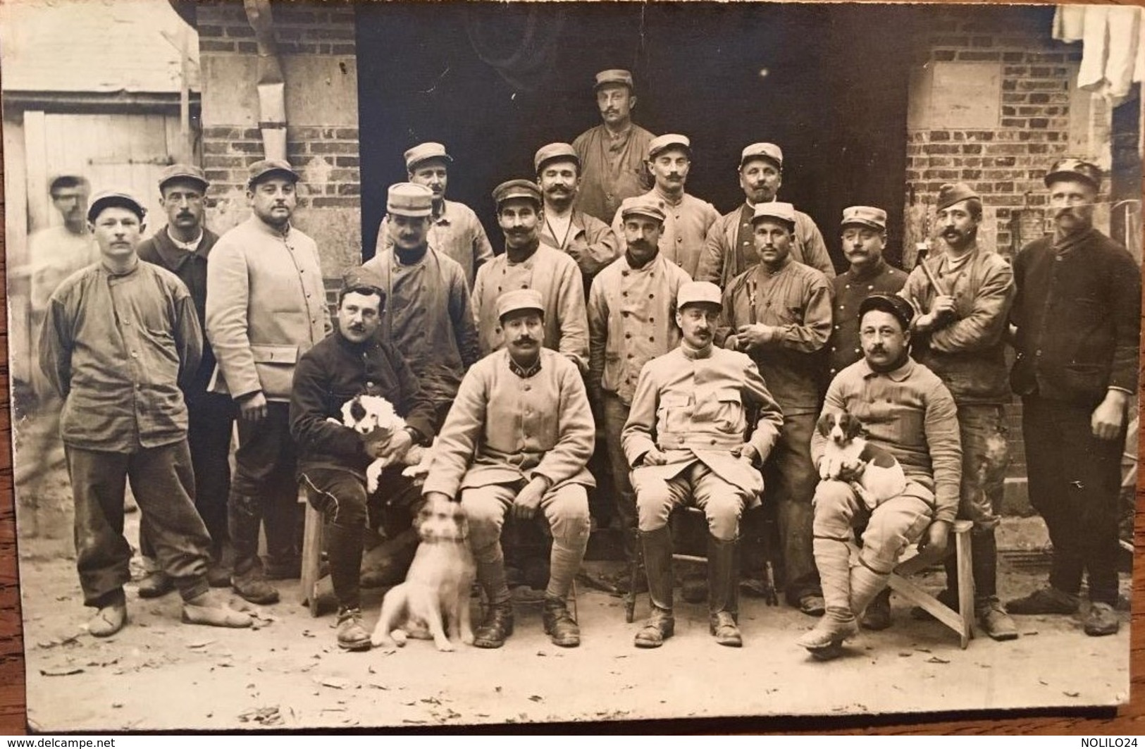 Carte Photo, Groupe De Soldats Avec Chiens, Ancre Sur Képis,19 ème Régiment Sur Col,un Soldat Avec Marteau, Atelier? - Reggimenti