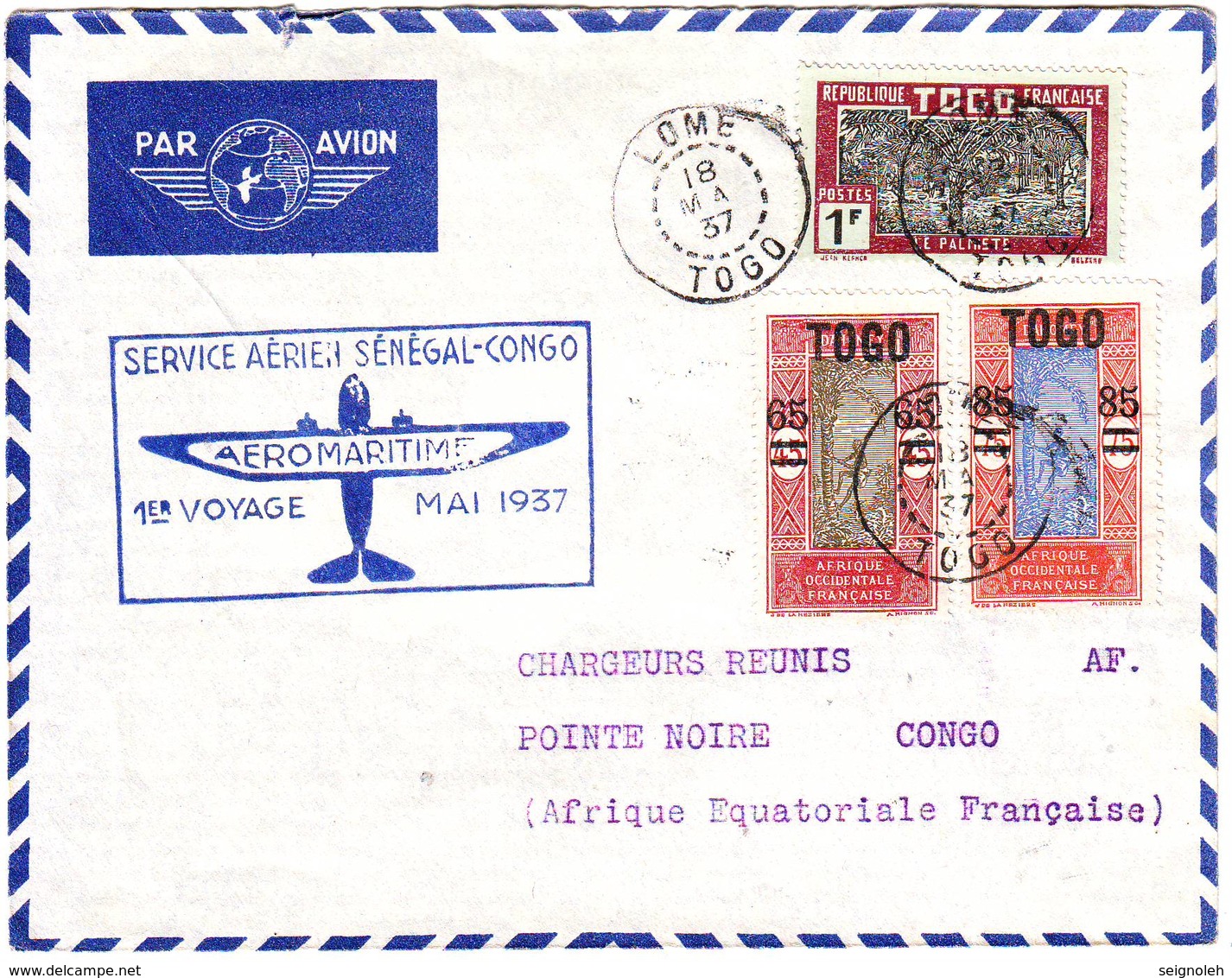 LOME TOGO Lettre Par Avion Premier Vol SENEGAL CONGO Par AEROMARITIME - 1921-1960: Période Moderne