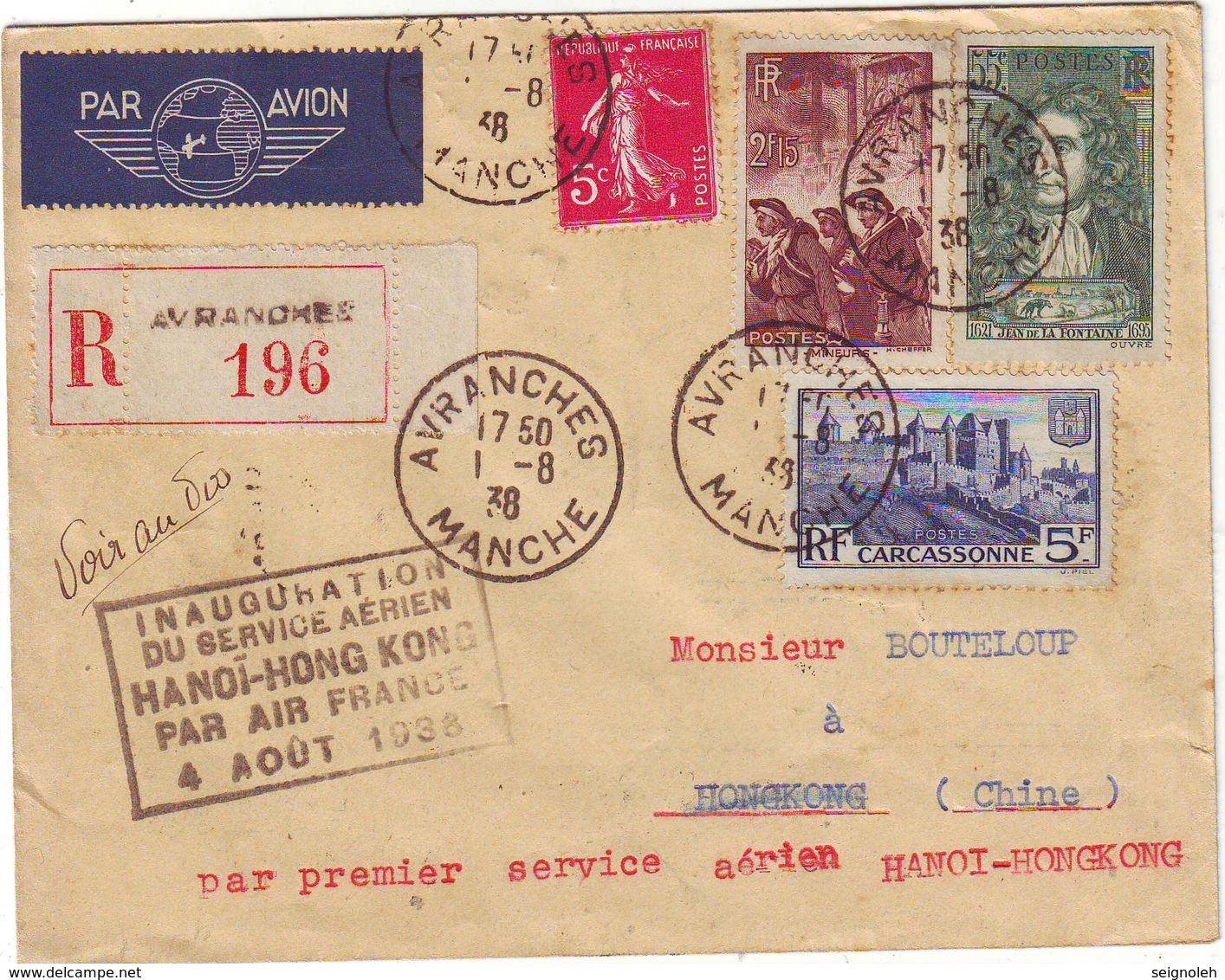 Avranches Manche Lettre Pour La Chine Par Avion Premier Vol HANOI HONG KONG - 1921-1960: Période Moderne