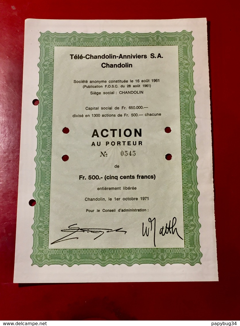 Télé-Chandolin-Anniviers  S.A.  Chandolin ----------Action  De  500 Frs - Industrie