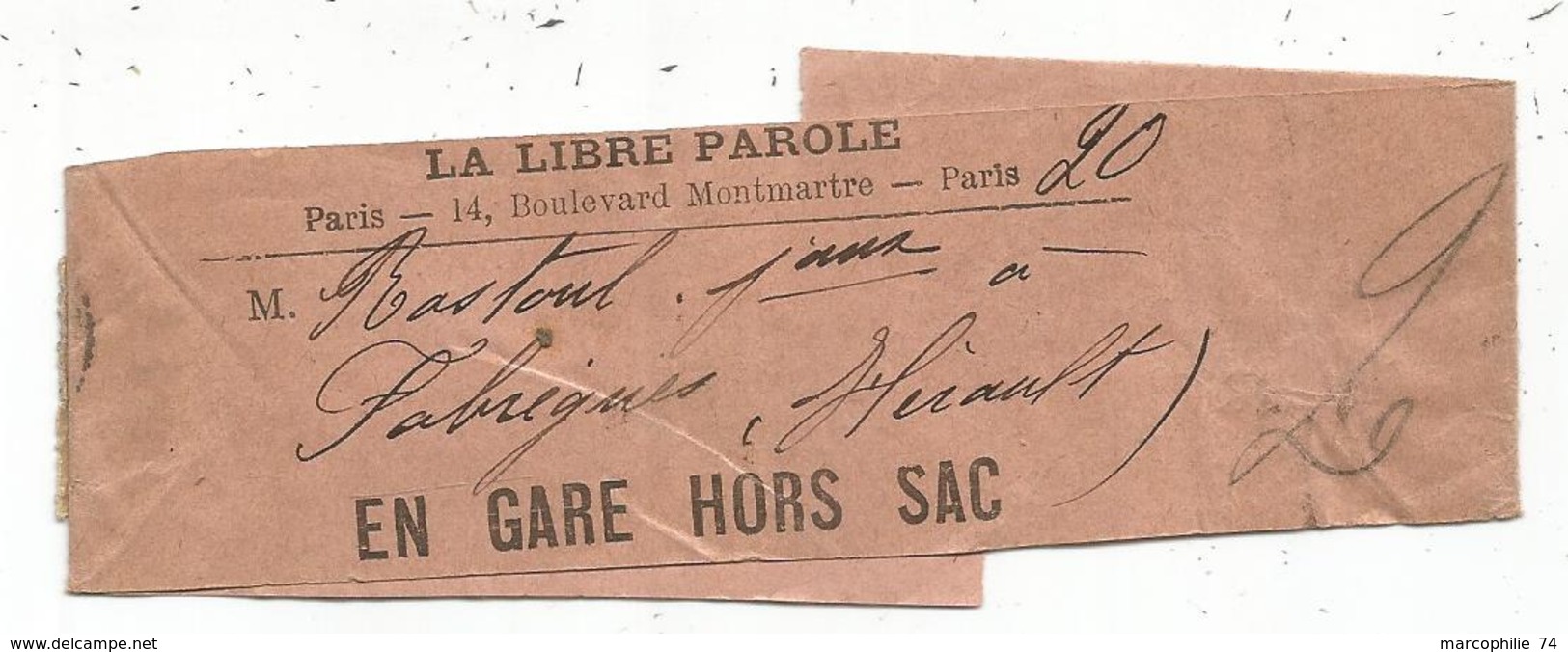 SAGE 4C AU RECTO PETITE BANDE HORS SAC IMPRIMES PARIS 1896 POUR HERAULT RARE - 1877-1920: Période Semi Moderne