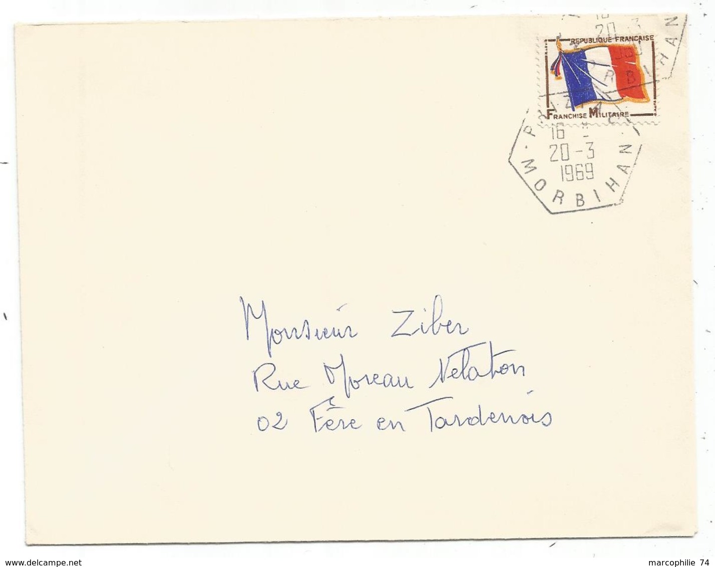 FM DRAPEAU LETTRE C. HEX PRIZIAC MORBIHAN 20.3.1969 - Timbres De Franchise Militaire