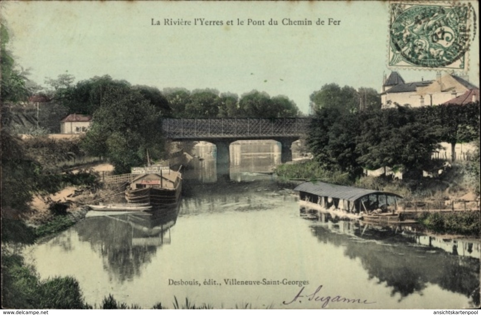 Cp Villeneuve Saint Georges Val De Marne, Riviere L'Yerres, Le Pont Du Chemin De Fer - Autres & Non Classés