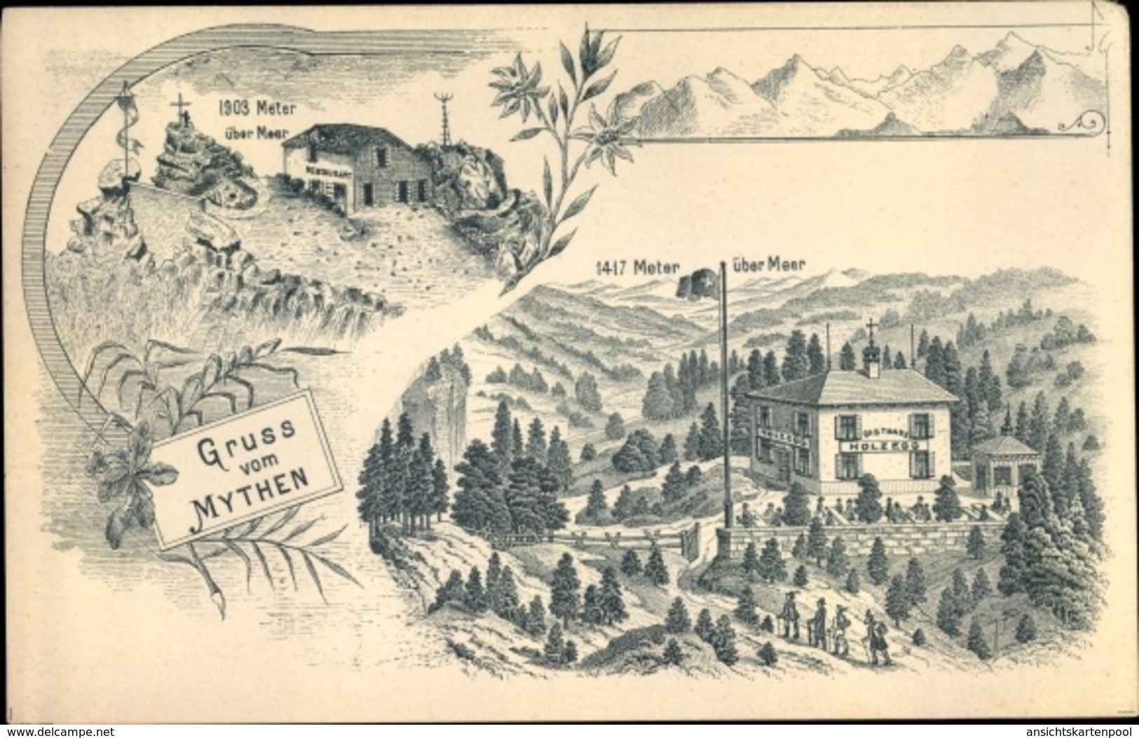 Lithographie Rickenbach Bei Schwyz Kanton Schwyz, Gasthaus Zur Holzegg U. Mythen - Autres & Non Classés