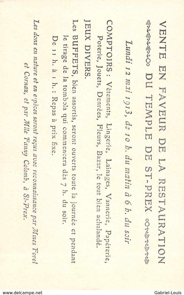 Eglise De St-Prex - VOIR DOS- Vente En Faveur De La Restauration Du Temple 12 Mai 1913 - Saint-Prex