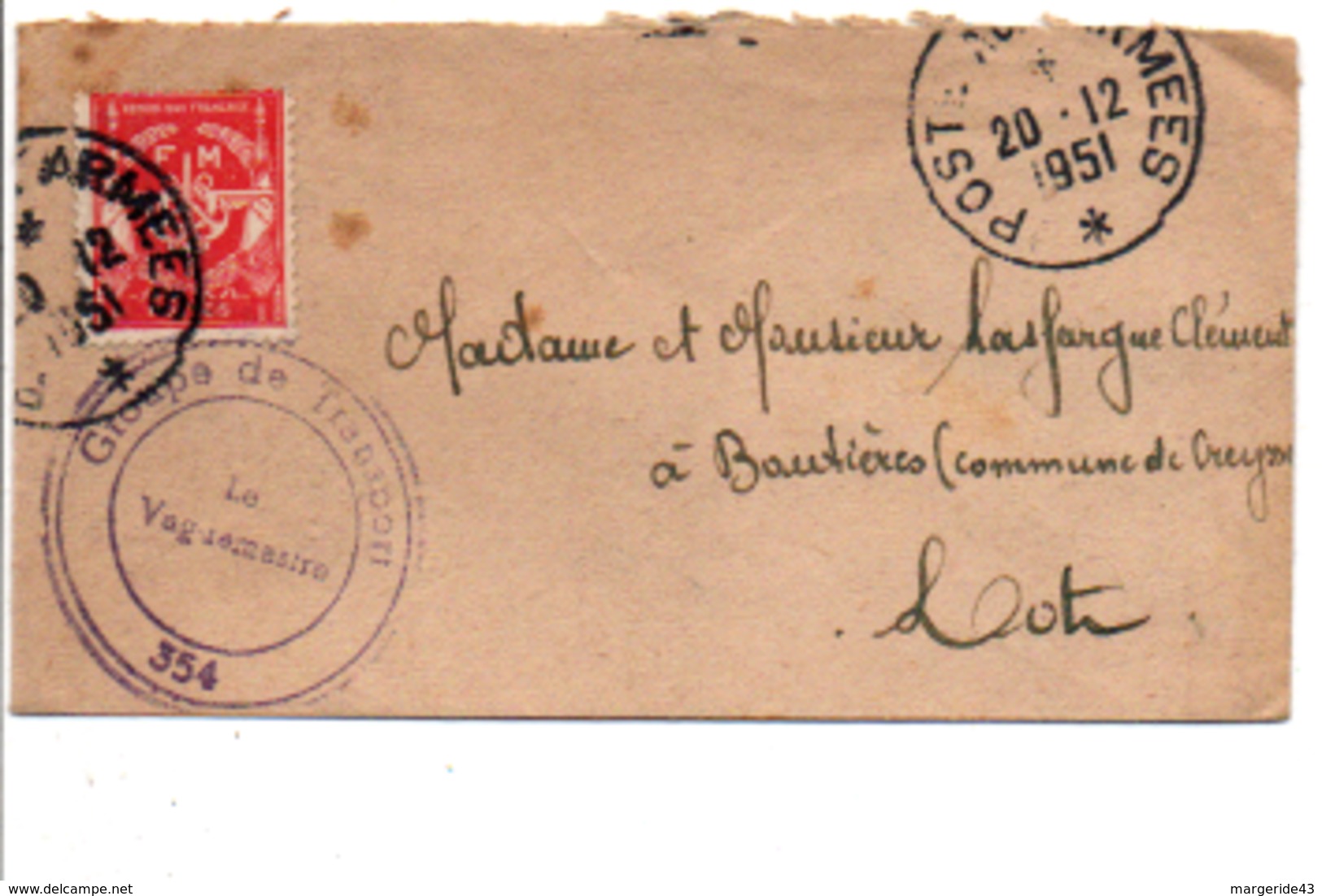 LETTRE FM CACHET GROUPE DE TRANSPORT 354 1951 - Militaire Stempels Vanaf 1900 (buiten De Oorlog)