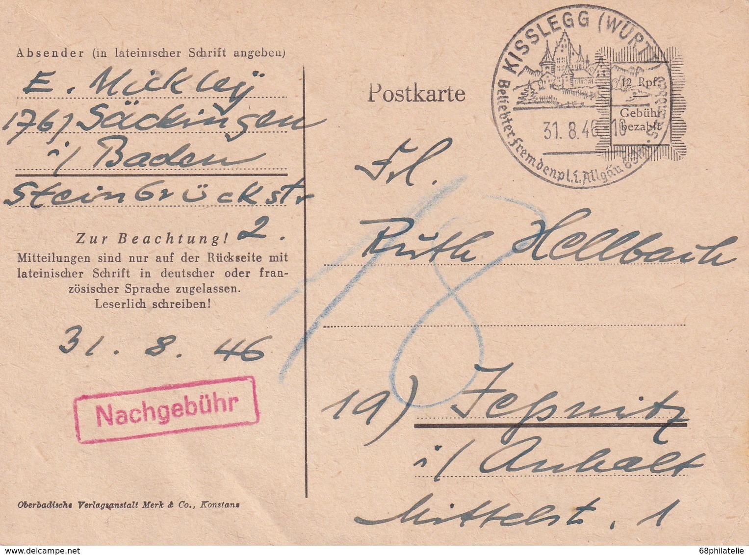 ALLEMAGNE 1946   ZONE FRANCAISE ENTIER POSTAL  /GANZSACHE/POSTAL STATIONERY CARTE DE KISSLEGG - Altri & Non Classificati