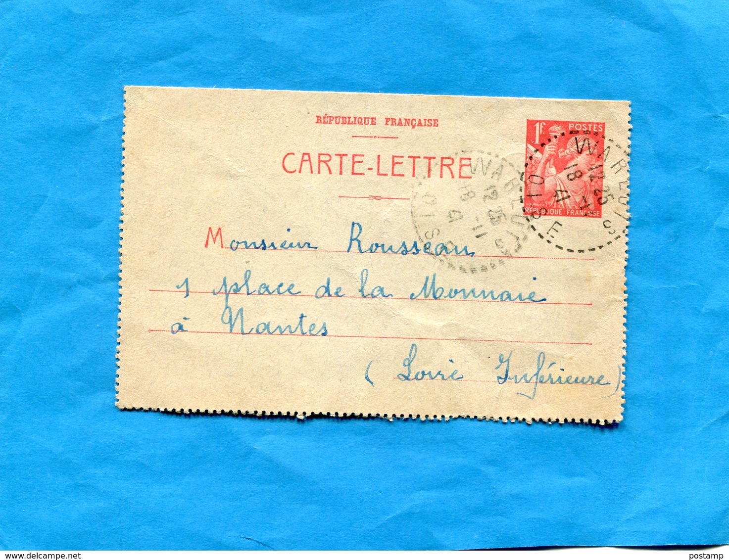 MARCOPHILIE- Carte Lettre  Entier Postal-1fr IRIS-- Cad  Perlé WARLUIS 18 Nov 1941-beau - Cartes-lettres
