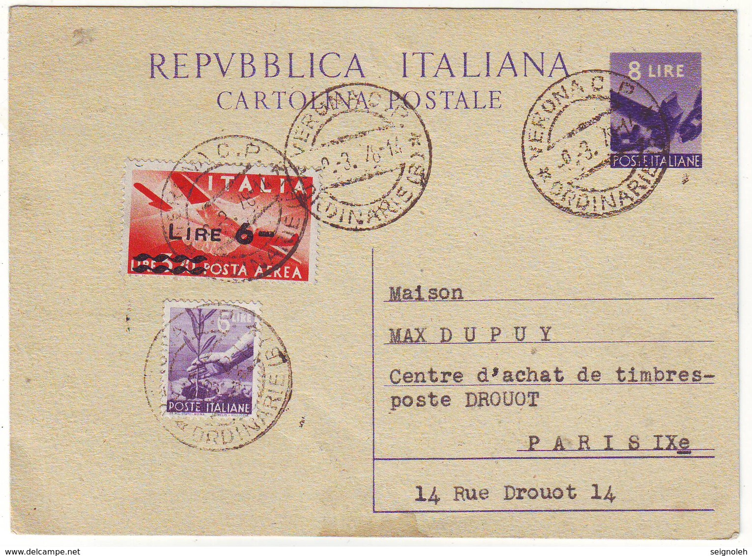 Italie Carte Entier 1948 De Verone Pour Paris , Cartolina Italia - 1946-60: Marcophilie